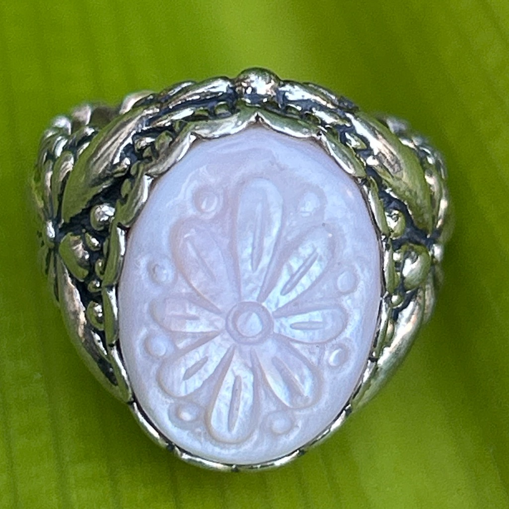 Carolyn Pollack Sterling Silver Ornate Pink Mother Of Pearl Carved Flower Size 9